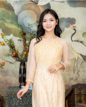 Áo dài ren vàng kết cườm